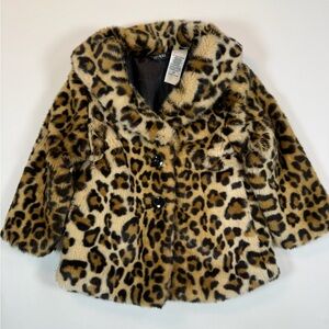 GUESS KIDS Toddler Girls’ Leopard Print Faux Fur Mafia Fashion Pea Coat Size 2T